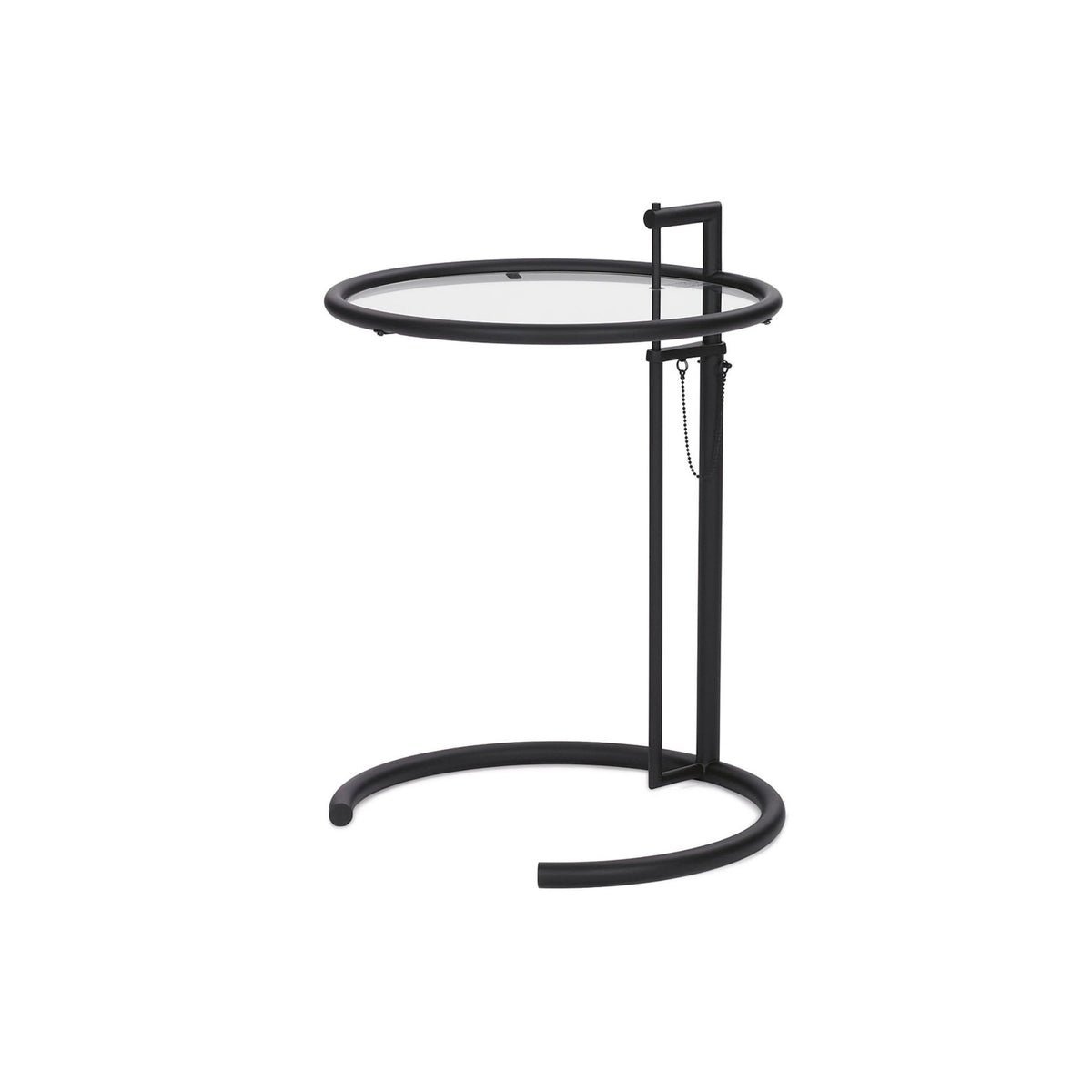 Eileen Gray E1027 adjustable black glass side table with a black tubular steel frame and circular glass top, a timeless modern designer accent table ideal for contemporary living rooms, bedrooms, and luxury interiors