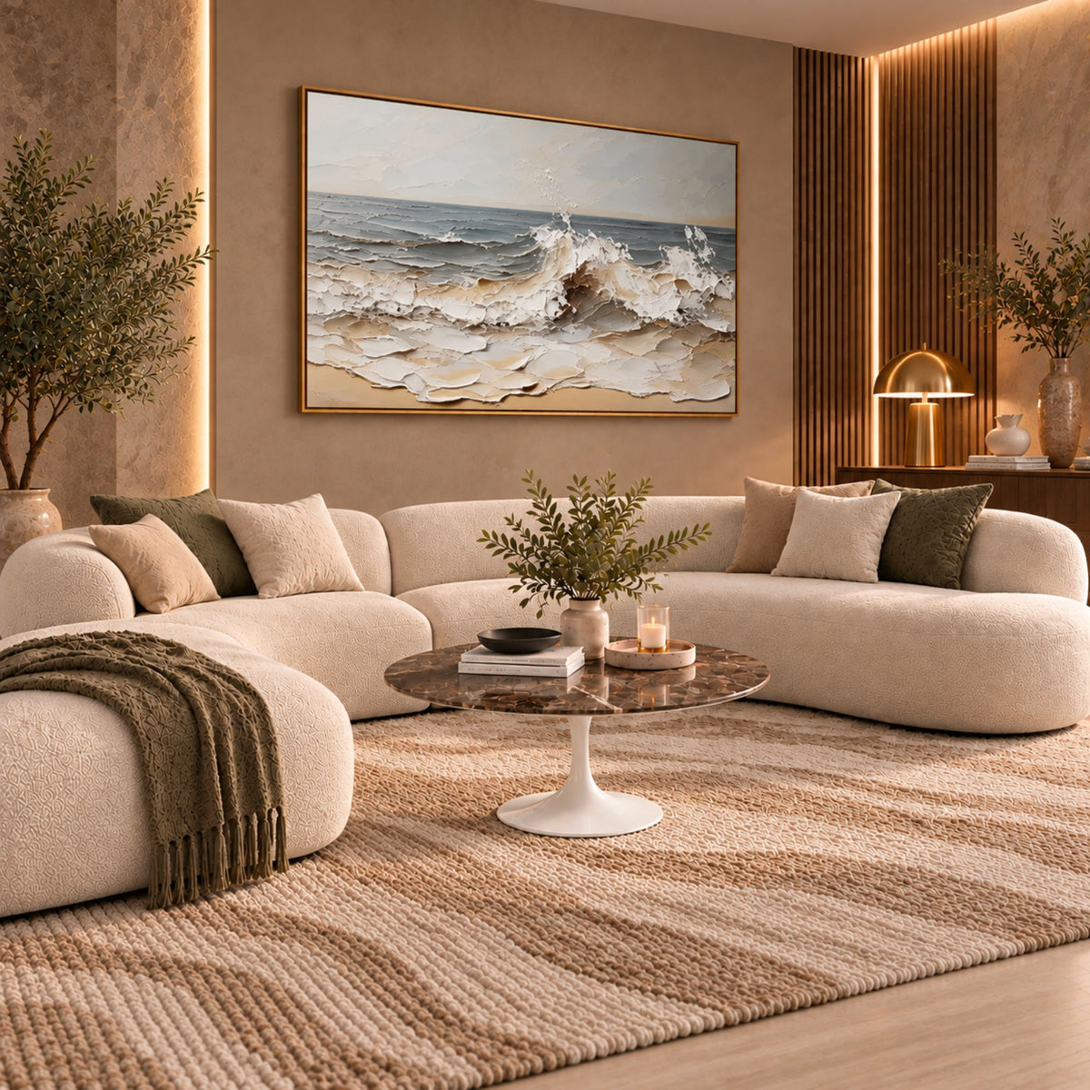 Emperor Luxe Tulip coffee table featuring a polished Emperador marble tabletop with rich chocolate brown tones and elegant cream veining, paired with a glossy white tulip pedestal base. Styled in a luxury contemporary living room with a curved sectional sofa, warm ambient lighting, textured rug, and sophisticated modern décor. A premium Italian designer coffee table for modern, Scandinavian, and mid-century interiors.