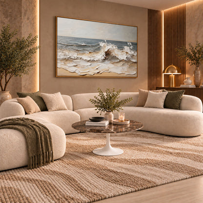 Emperor Luxe Tulip coffee table featuring a polished Emperador marble tabletop with rich chocolate brown tones and elegant cream veining, paired with a glossy white tulip pedestal base. Styled in a luxury contemporary living room with a curved sectional sofa, warm ambient lighting, textured rug, and sophisticated modern décor. A premium Italian designer coffee table for modern, Scandinavian, and mid-century interiors.