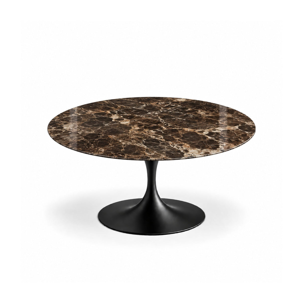 Espresso Royale Tulip coffee table featuring a polished Emperador marble tabletop with rich dark brown tones and distinctive cream veining, paired with a glossy black tulip pedestal base. A sophisticated coffee table for luxury modern, contemporary, and mid-century living room interiors.