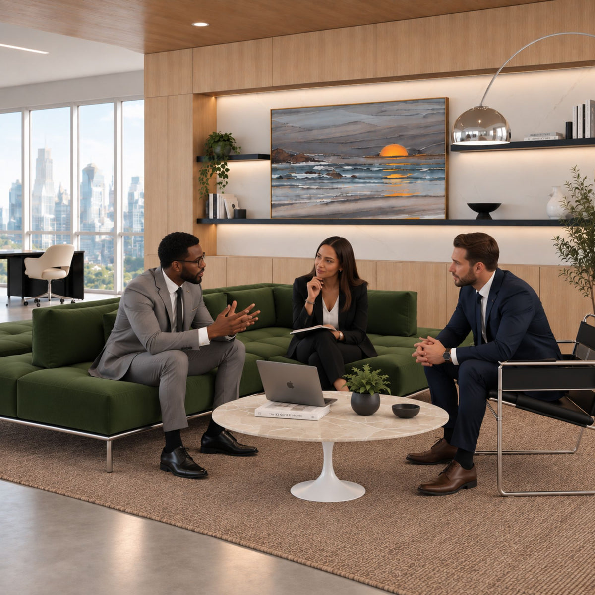 Executive Marble Tulip coffee table with a polished white marble tabletop and glossy white pedestal base, styled in a modern executive office lounge with green seating, business professionals in discussion, and contemporary décor. A luxury Italian designer coffee table for premium commercial and residential interiors.