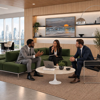 Executive Marble Tulip coffee table with a polished white marble tabletop and glossy white pedestal base, styled in a modern executive office lounge with green seating, business professionals in discussion, and contemporary décor. A luxury Italian designer coffee table for premium commercial and residential interiors.