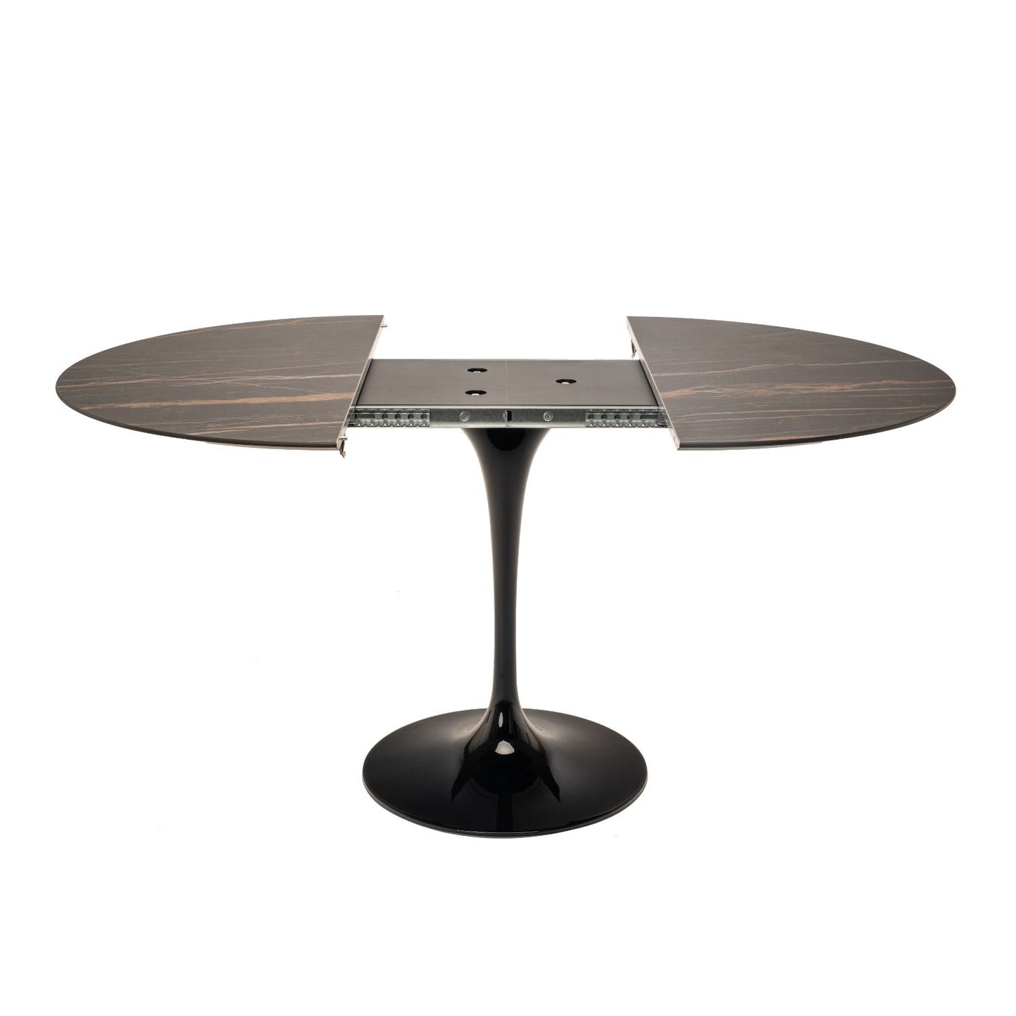 Extendable oval marble tulip dining table with leaf extension open, dark marble top and black pedestal base on white background