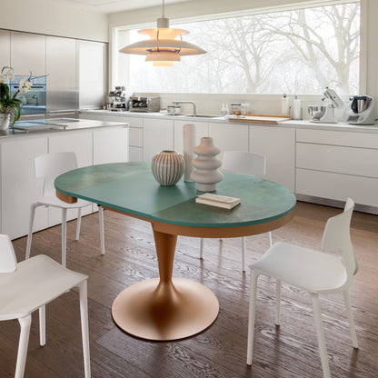 Extendable pedestal table opened to oval shape in contemporary dining room