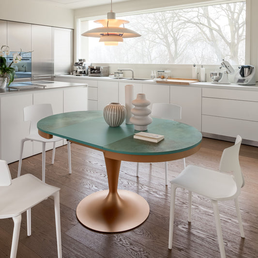 Extendable pedestal table opened to oval shape in contemporary dining room