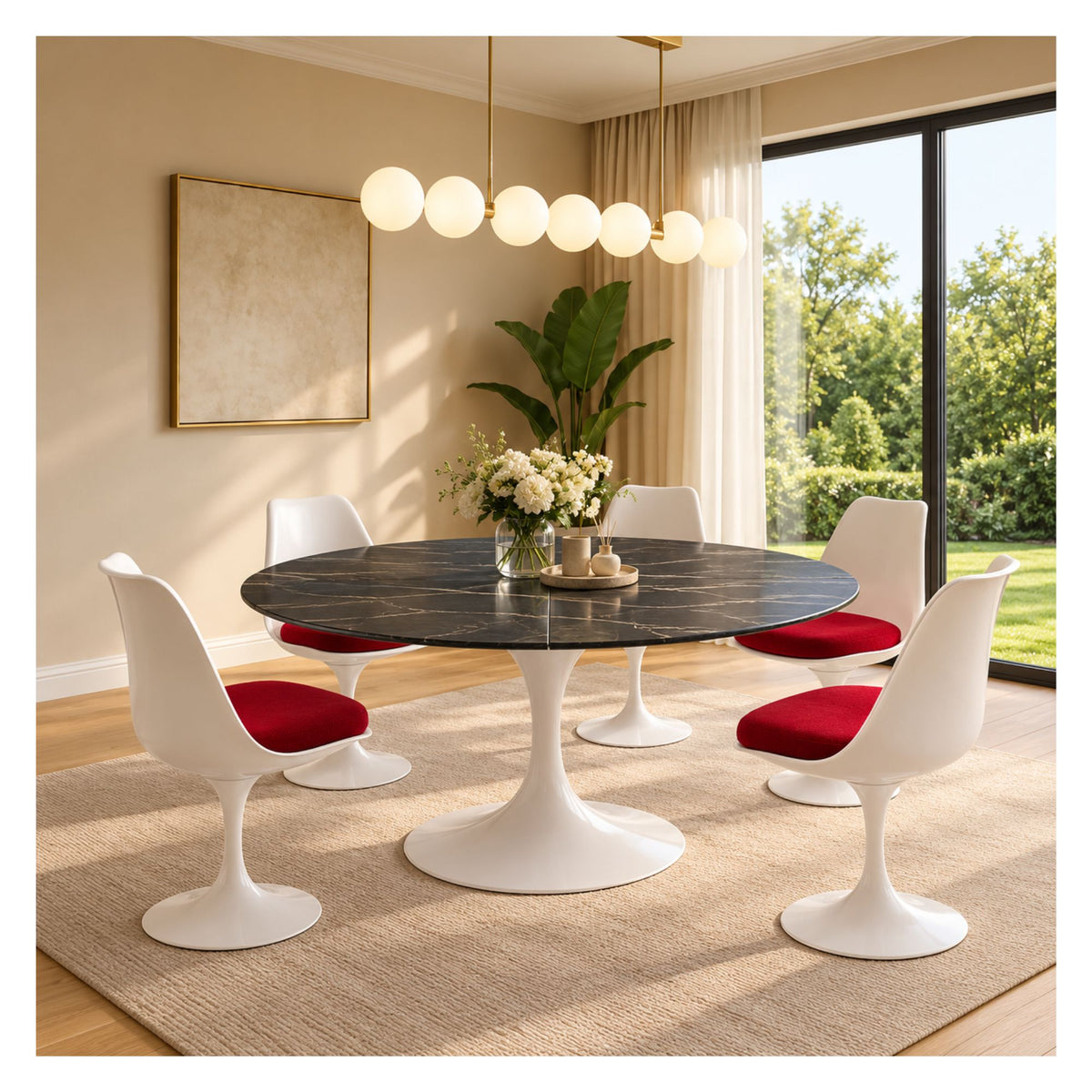 Extendable round Tulip dining table with a black veined ceramic top and white pedestal base, surrounded by white chairs with red seat cushions.