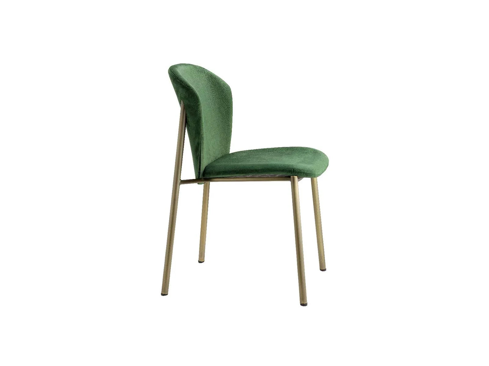 Side view of the Finn 2893 upholstered dining chair with green fabric upholstery and slim brass metal legs.
