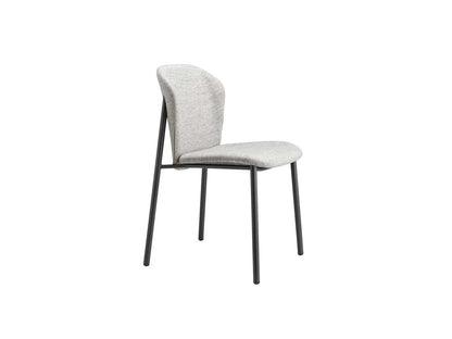 Front angled view of the Finn 2893 upholstered dining chair with light grey fabric upholstery and slim dark metal legs.