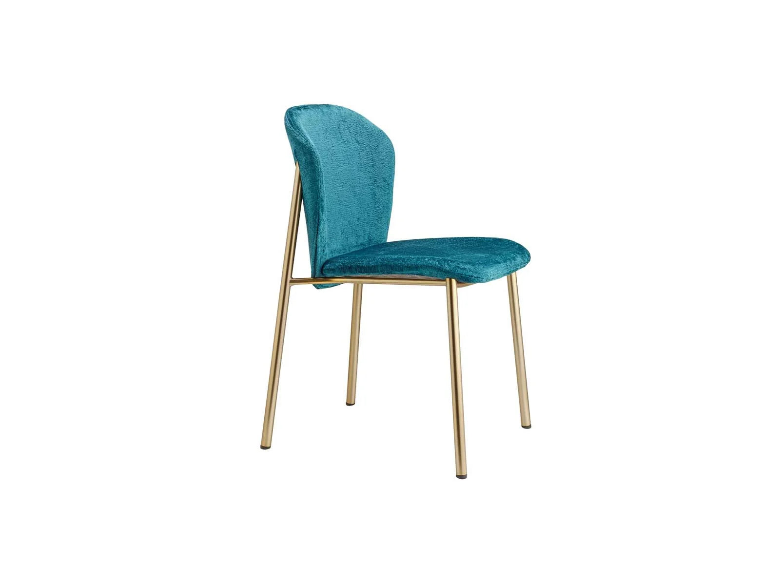 Front angled view of the Finn 2893 upholstered dining chair with teal fabric upholstery and slim brass metal legs.