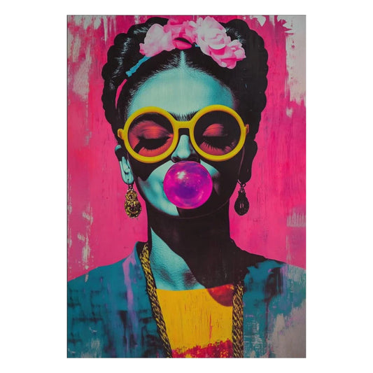 Neon pop art portrait of Frida Kahlo blowing pink bubblegum, wearing oversized yellow round sunglasses against a vibrant pink background.