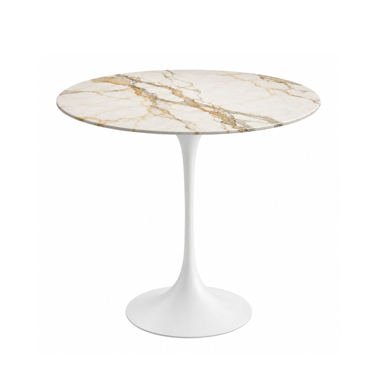 Golden Crest Tulip side table featuring a polished Calacatta Gold marble tabletop with elegant gold and soft grey veining, paired with a glossy white tulip pedestal base. A luxury Italian designer side table for modern, contemporary, Scandinavian, and mid-century living room interiors.