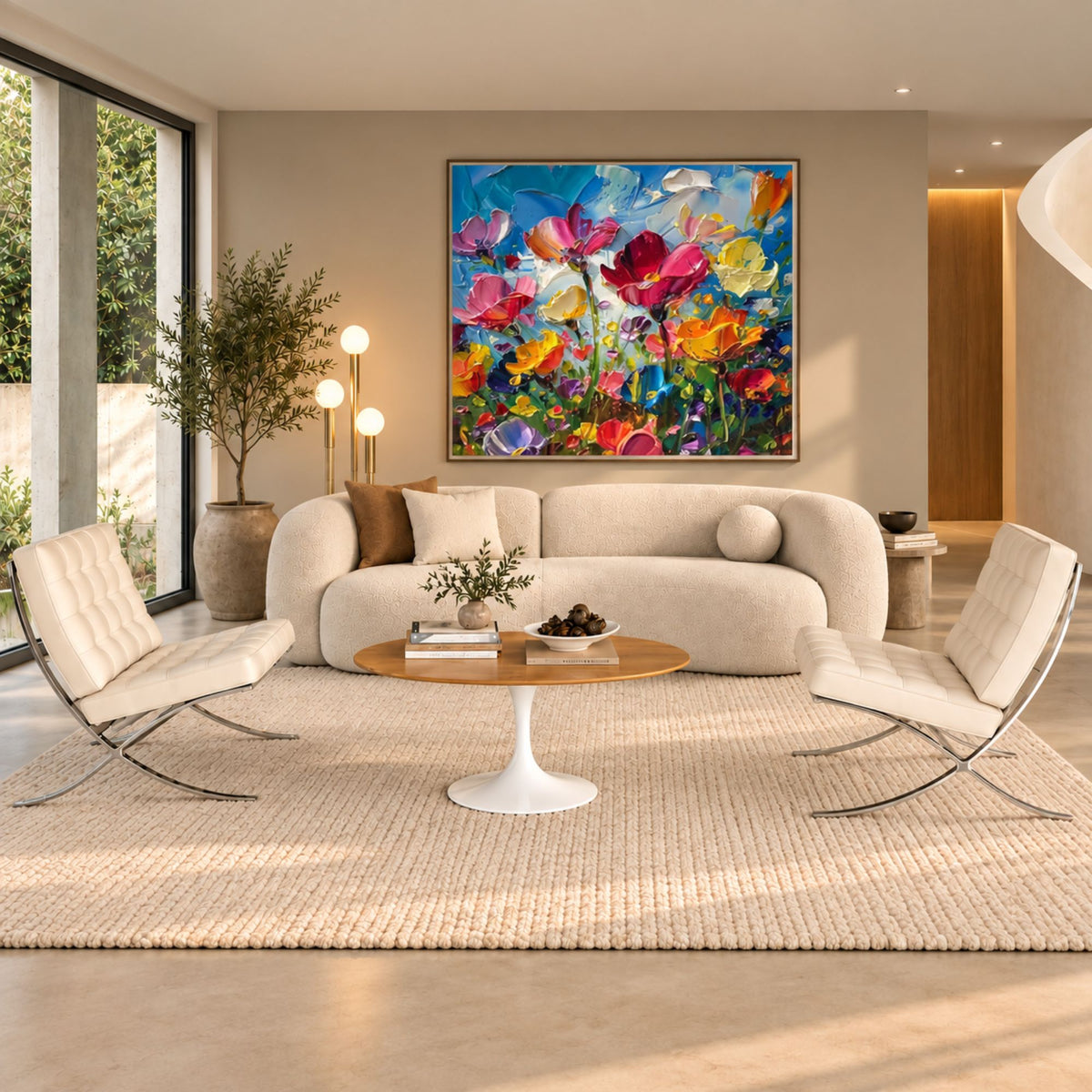 Golden Horizon Tulip coffee table featuring a polished Calacatta Gold marble tabletop with elegant gold and soft grey veining, paired with a glossy white tulip pedestal base. Styled in a bright contemporary living room with a curved cream sofa, modern lounge chairs, a colorful floral artwork, and warm natural daylight. A luxury Italian designer coffee table for modern, Scandinavian, and mid-century interiors.
