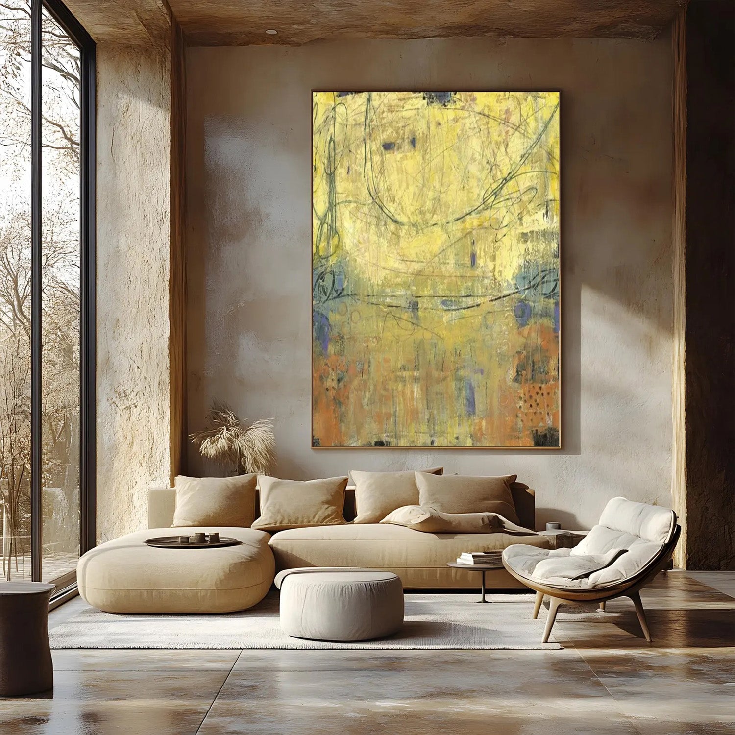 Modern living room with a large abstract painting on the wall.