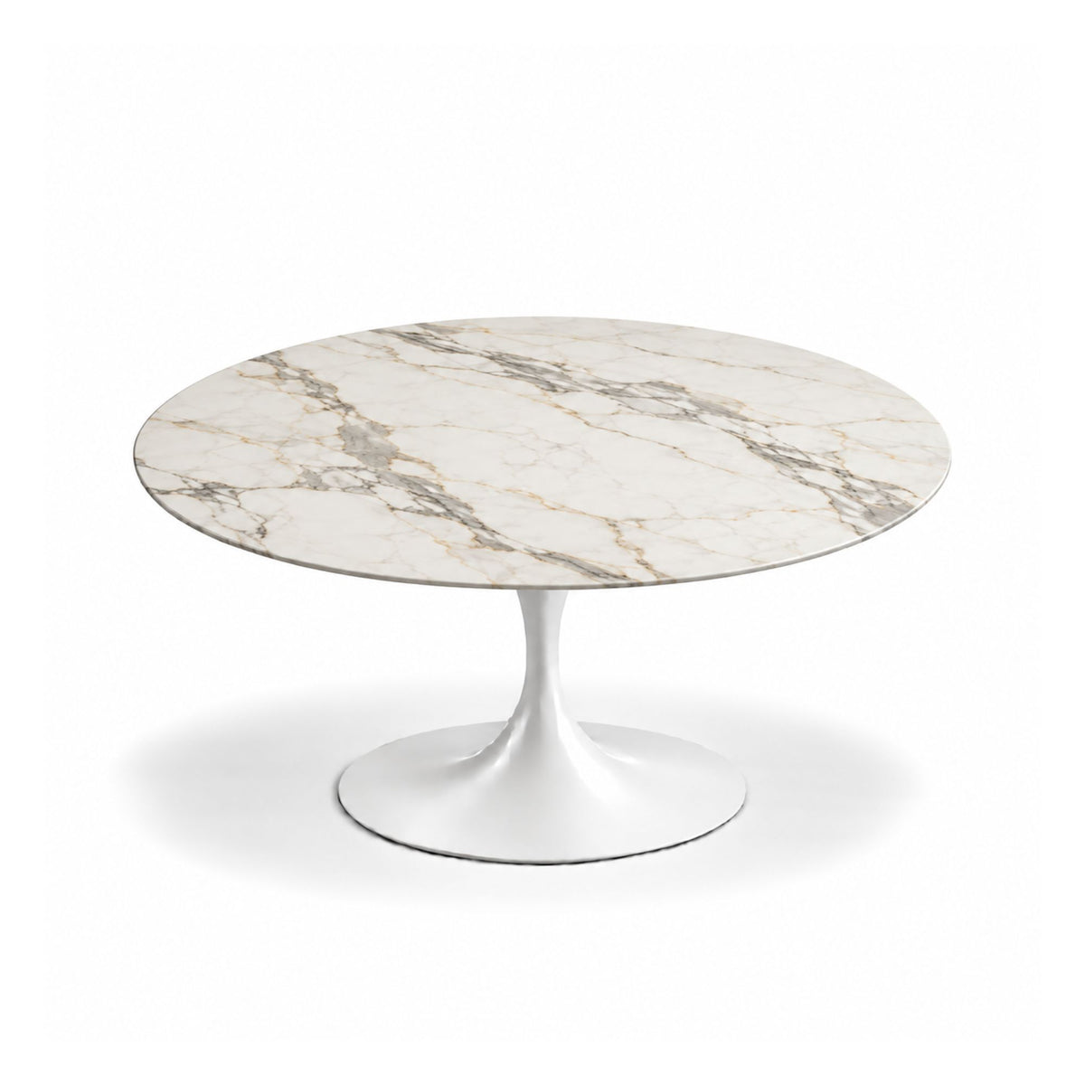 Golden Vein Tulip coffee table featuring a polished Calacatta Oro marble tabletop with elegant gold and soft grey veining, paired with a glossy white tulip pedestal base. A luxury designer coffee table for modern, contemporary, Scandinavian, and mid-century living room interiors.