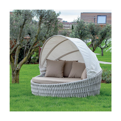 Grattoni Eden round outdoor daybed with white canopy, woven rope base and waterproof cushions, luxury garden lounge furniture