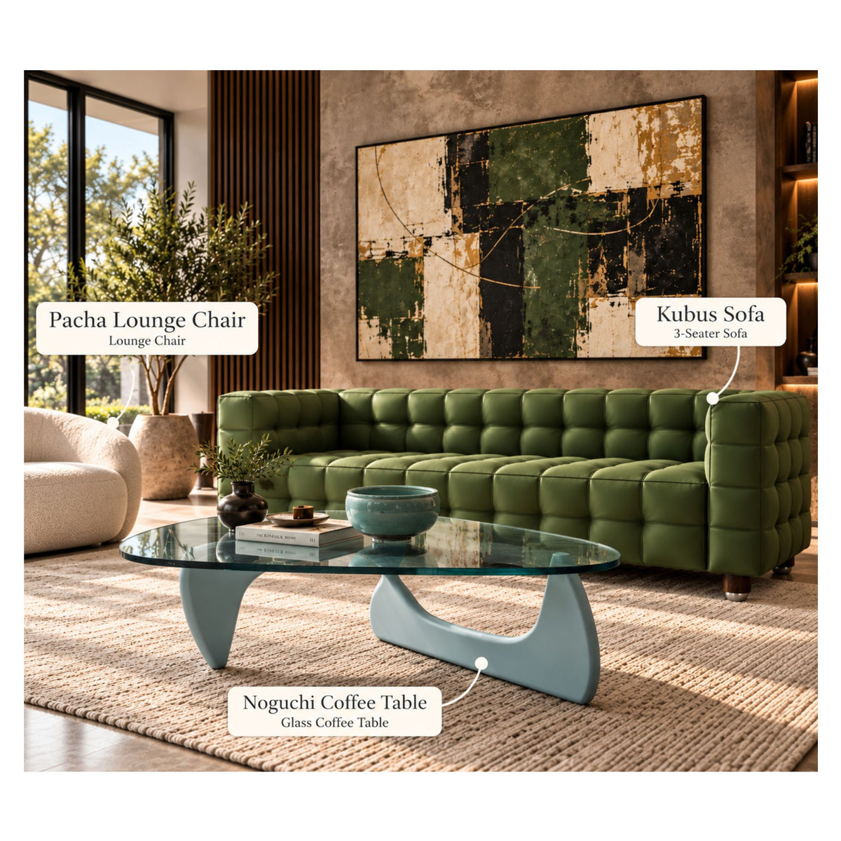 Green Kubus 3-seater sofa paired with a blue Noguchi glass coffee table and a white Pacha lounge chair in a contemporary luxury living room with abstract wall art and warm natural lighting.