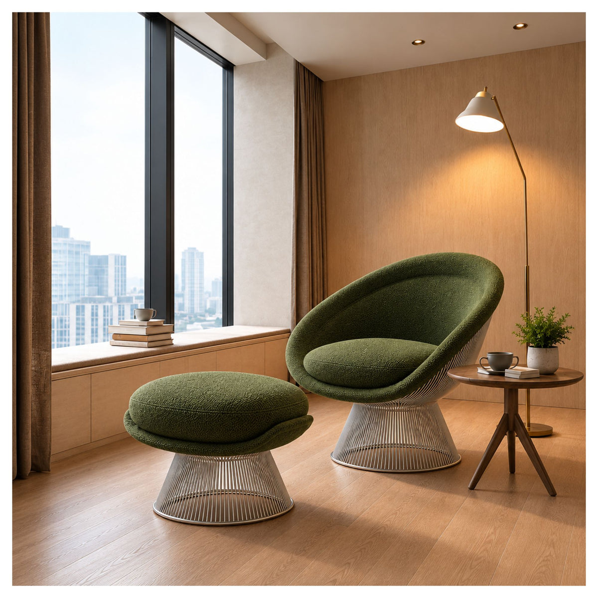 Green upholstered lounge chair with a curved steel rod base in a bright modern interior