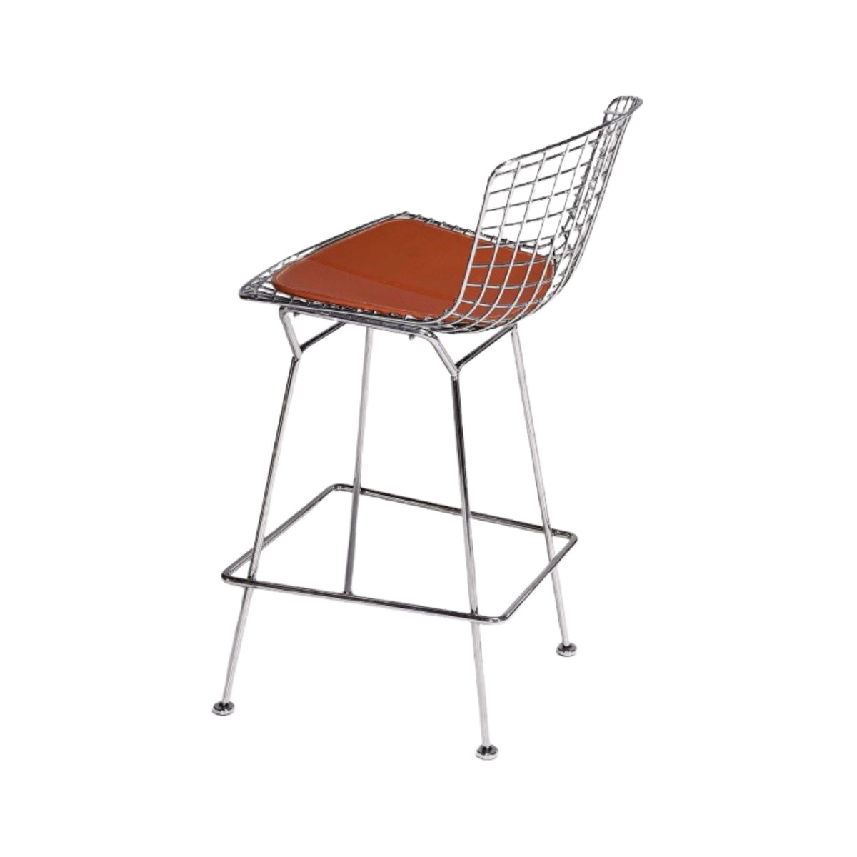 Side view of a Harry Bertoia style wire bar stool with a polished chrome steel wire frame, integrated footrest and premium tan leather seat pad, ideal for modern kitchen islands, breakfast bars and luxury commercial interiors.