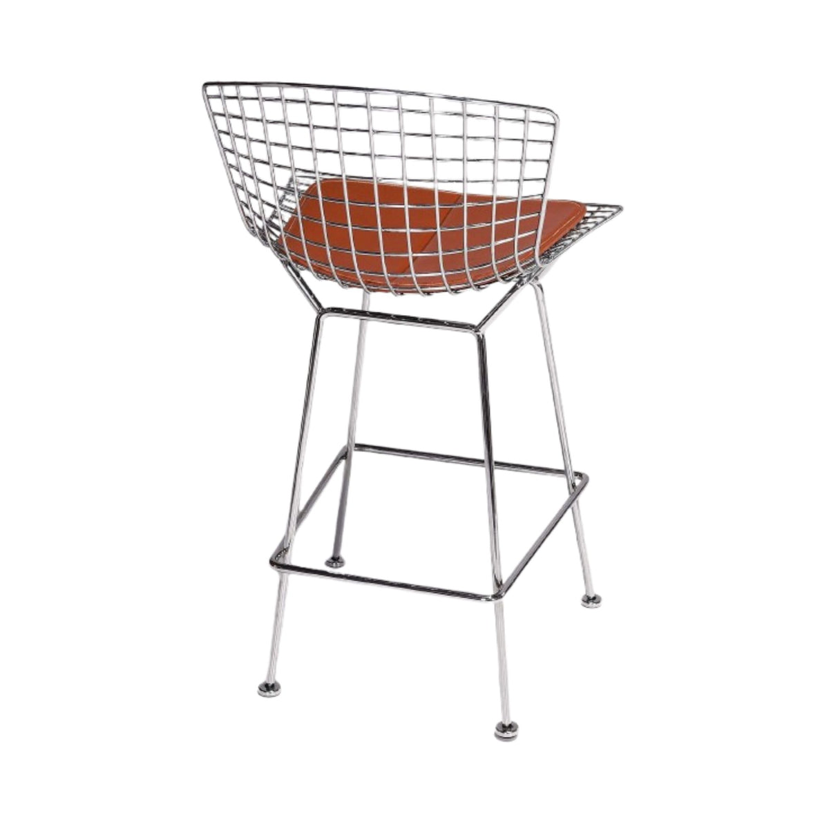 Harry Bertoia style wire bar stool with polished chrome steel wire frame, integrated footrest and premium tan leather seat pad, ideal for modern kitchen islands, breakfast bars and luxury commercial interiors.