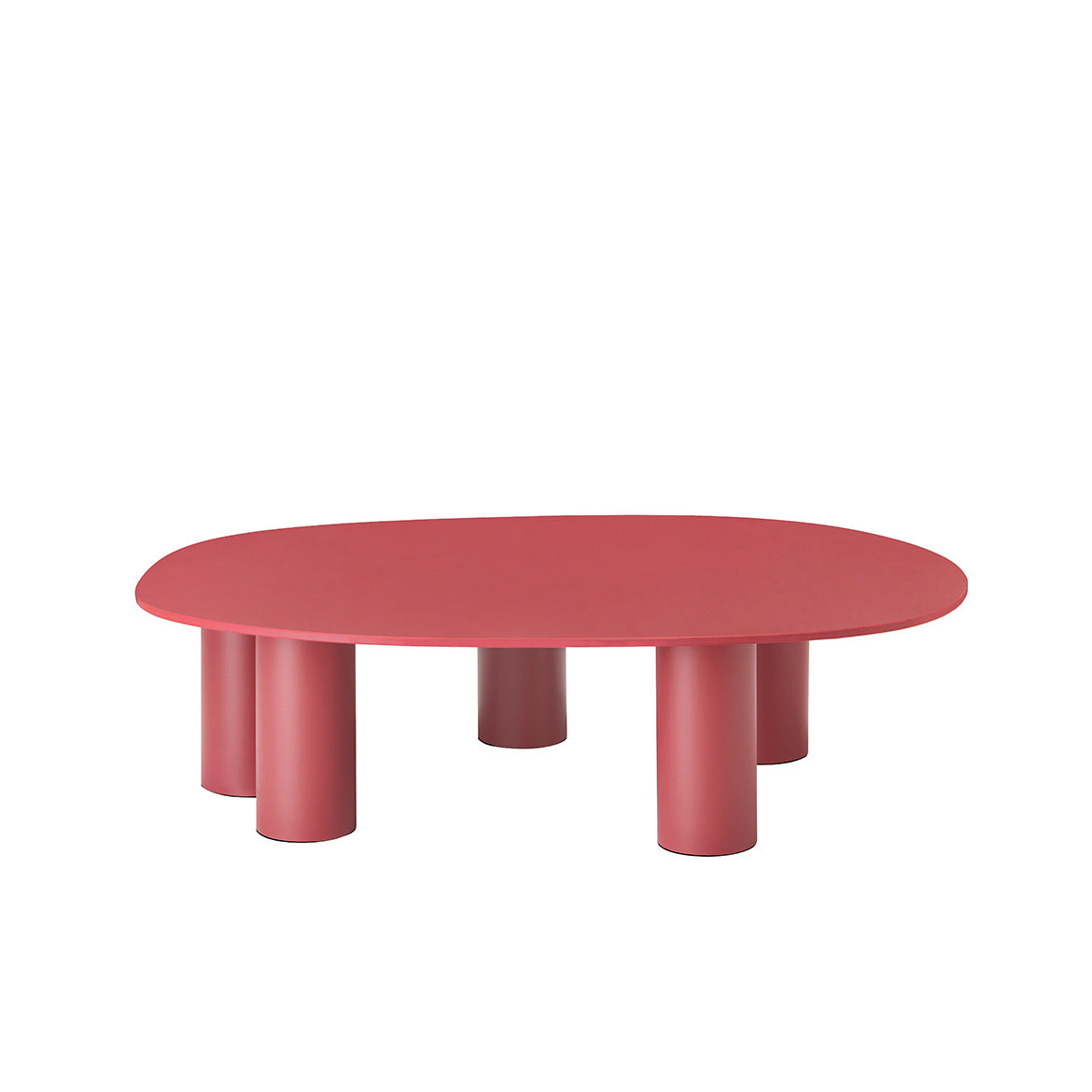 Front view of the S•CAB Hyppo Outdoor Coffee Table L 104 cm in a terracotta finish with an oval tabletop and sculptural cylindrical base.