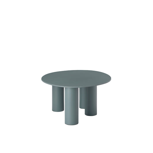 Front view of the S•CAB Hyppo Ø70 cm outdoor coffee table in a slate grey finish with a round tabletop and sculptural cylindrical base.