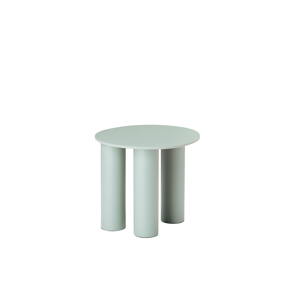 Front view of the S•CAB Hyppo Ø50 cm outdoor side table in a sage green finish with a round tabletop and sculptural cylindrical base.