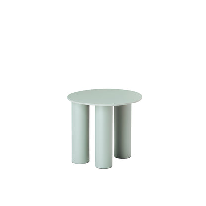 Front view of the S•CAB Hyppo Ø50 cm outdoor side table in a sage green finish with a round tabletop and sculptural cylindrical base.