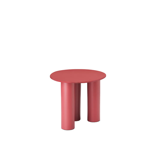 Front view of the S•CAB Hyppo Ø50 cm outdoor side table in a terracotta finish with a round tabletop and sculptural cylindrical base.