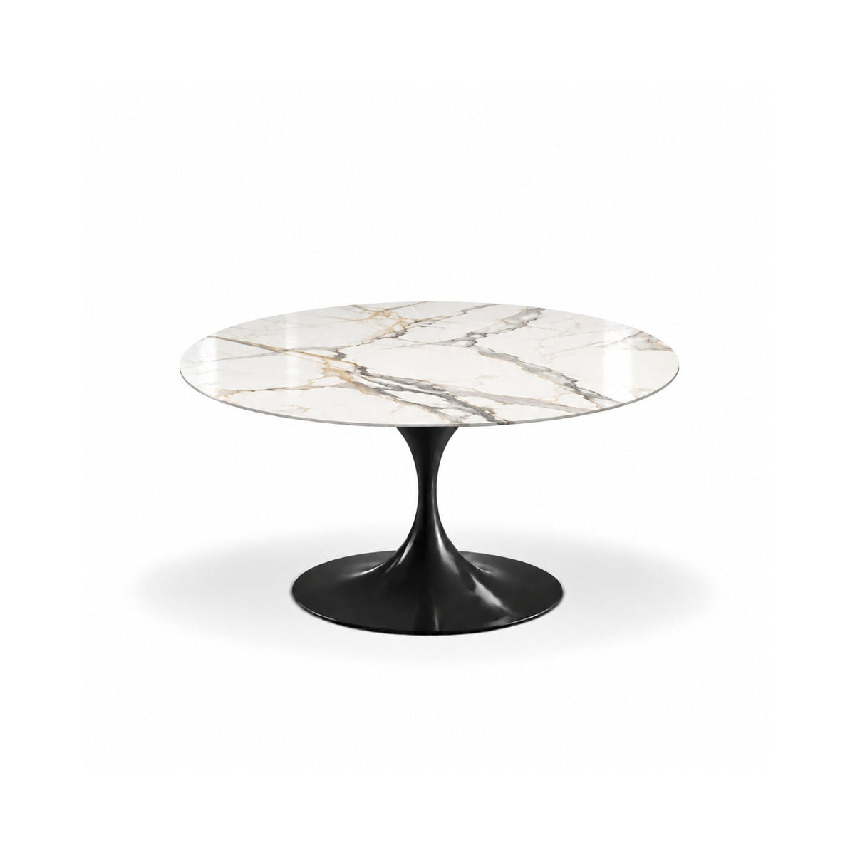 Imperia Gold Tulip coffee table featuring a polished Calacatta Gold marble tabletop with luxurious gold and grey veining and a glossy black tulip pedestal base, ideal for luxury modern, contemporary, and mid-century living room interiors.