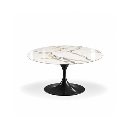 Imperia Gold Tulip coffee table featuring a polished Calacatta Gold marble tabletop with luxurious gold and grey veining and a glossy black tulip pedestal base, ideal for luxury modern, contemporary, and mid-century living room interiors.