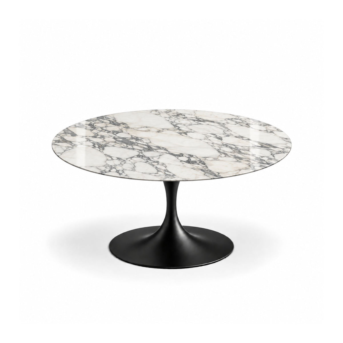 Imperia Statuario Tulip coffee table featuring a polished Statuario marble tabletop with dramatic grey veining and a glossy black tulip pedestal base, creating a refined statement piece for luxury modern, contemporary, Scandinavian, and mid-century living room interiors.