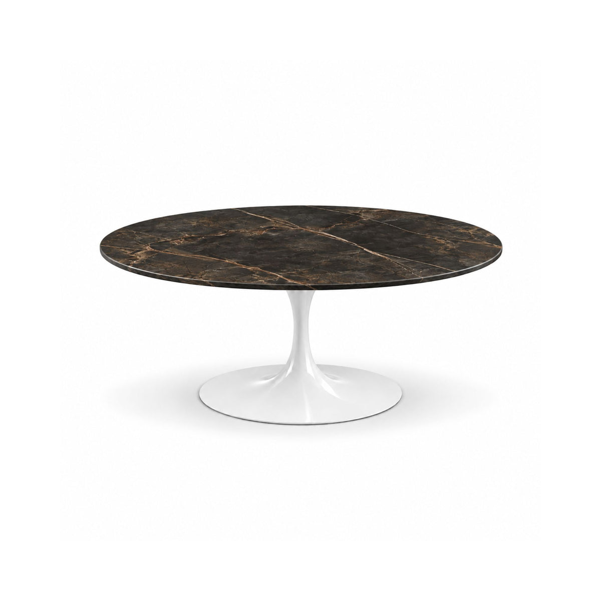 Imperia Tulip coffee table featuring a polished Portoro black marble tabletop with luxurious gold veining and a white tulip pedestal base, perfect for luxury modern, contemporary, and mid-century living room interiors.