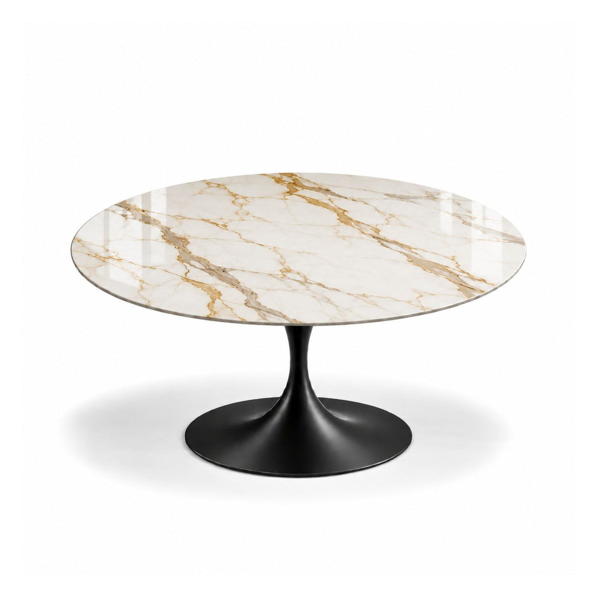 Imperial Calacatta Gold Tulip coffee table featuring a polished Calacatta Gold marble tabletop with luxurious gold and grey veining, paired with a glossy black tulip pedestal base. An elegant designer coffee table for luxury modern, contemporary, Scandinavian, and mid-century living room interiors.