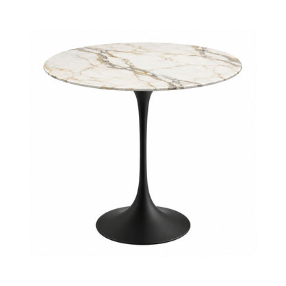 Imperial Gold Tulip side table featuring a polished Calacatta Gold marble tabletop with elegant gold and soft grey veining, paired with a glossy black tulip pedestal base. A luxury Italian designer side table for modern, contemporary, Scandinavian, and mid-century living room interiors.