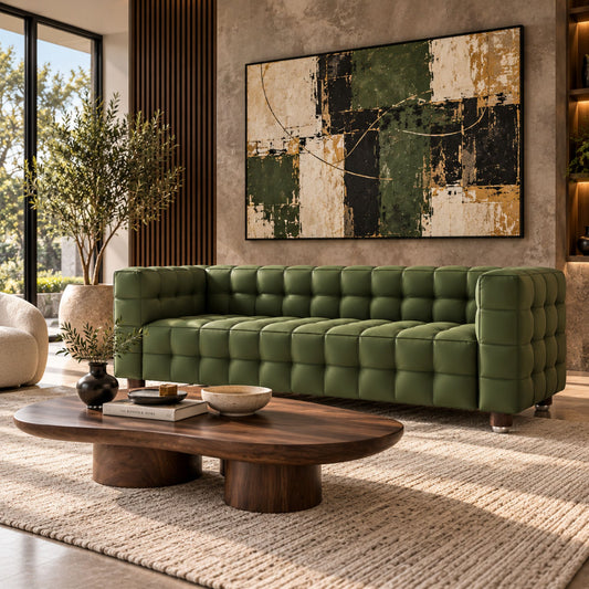 Isamu Noguchi coffee table with an organic glass top and sculptural walnut wood base, styled in front of a green leather Josef Hoffmann Kubus sofa featuring iconic cube-tufted upholstery in a contemporary luxury living room.