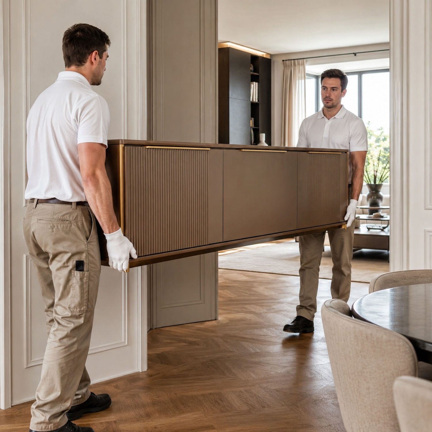 White-glove furniture delivery team carrying a luxury Italian sideboard into a modern European home.
