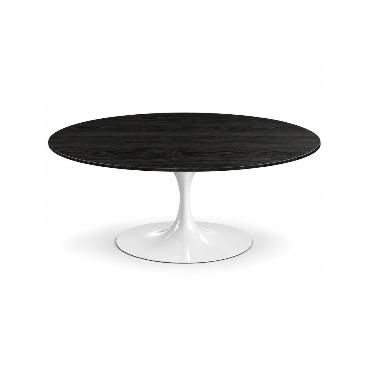 Italian oval black oak wood dining table with a glossy white tulip pedestal base on a white background.