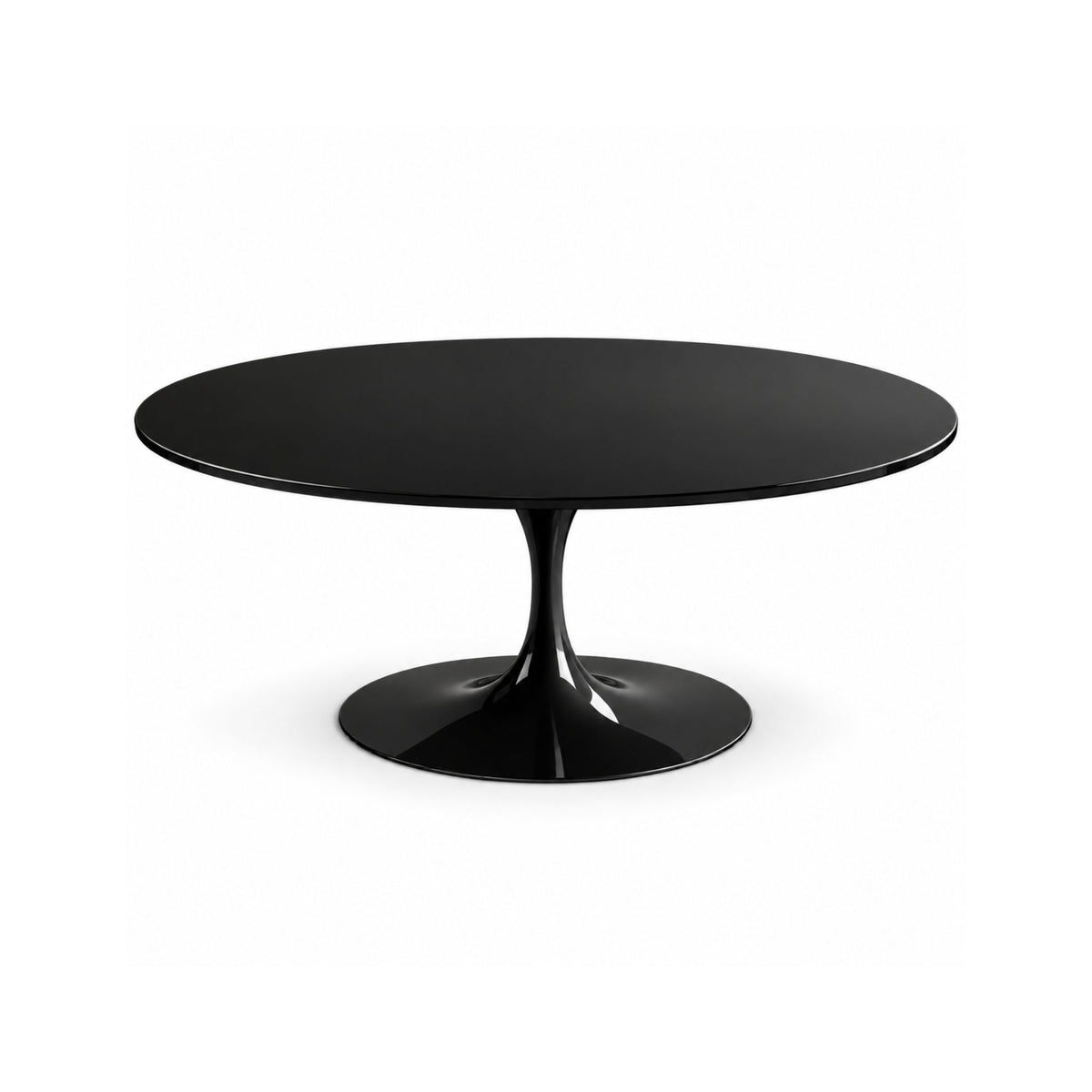 Italian oval matte black dining table with a glossy black tulip pedestal base on a white background.