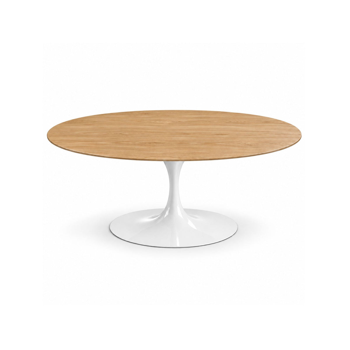 Italian oval natural oak wood dining table with a glossy white tulip pedestal base on a white background.