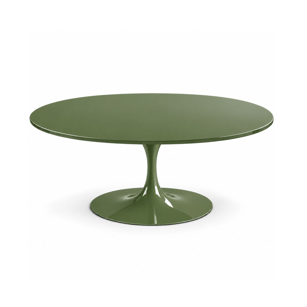 Italian oval olive green dining table with a matching tulip pedestal base on a white background.