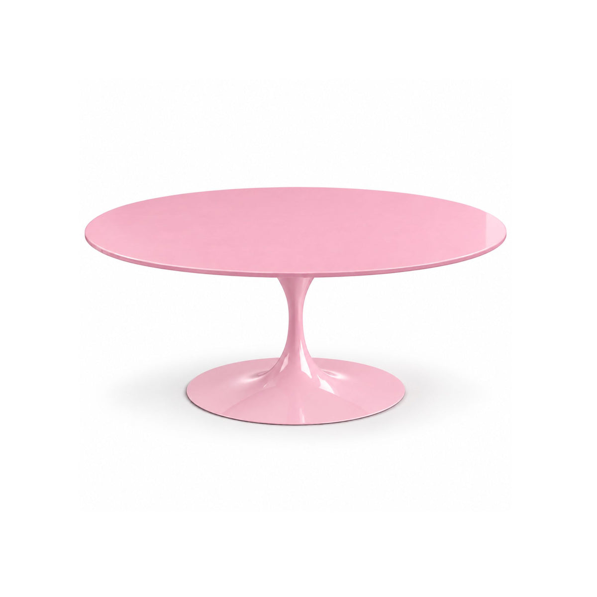 Italian oval pink lacquered dining table with a matching tulip pedestal base on a white background.