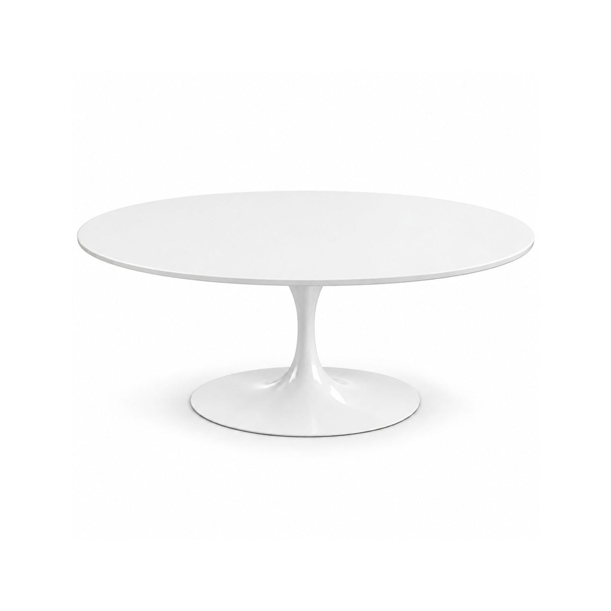 Italian oval white dining table with a matching white tulip pedestal base on a white background.