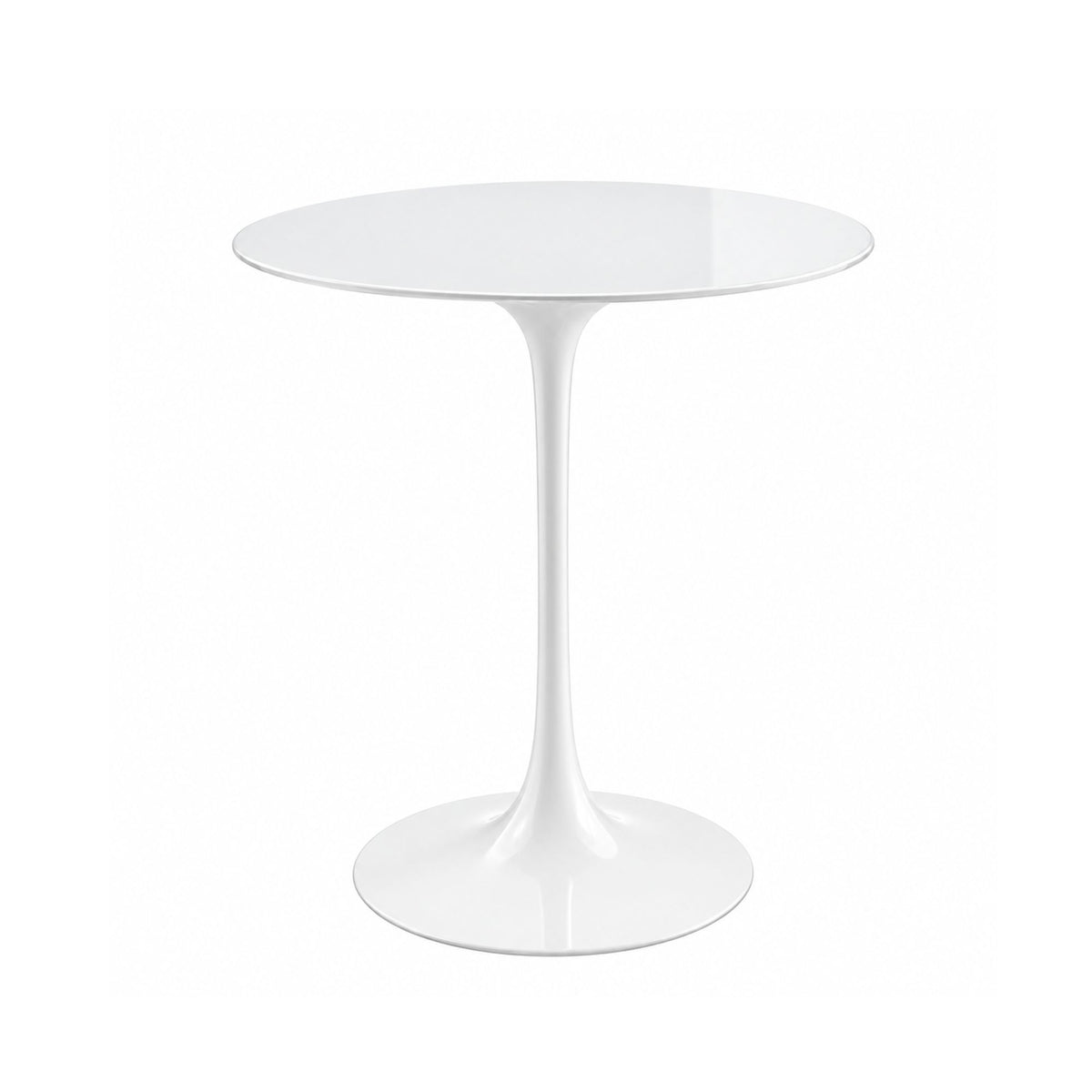Ivory Horizon Tulip side table featuring a smooth white liquid laminate tabletop paired with a matching glossy white tulip pedestal base. A minimalist Italian designer side table for modern, contemporary, Scandinavian, and mid-century living room interiors.