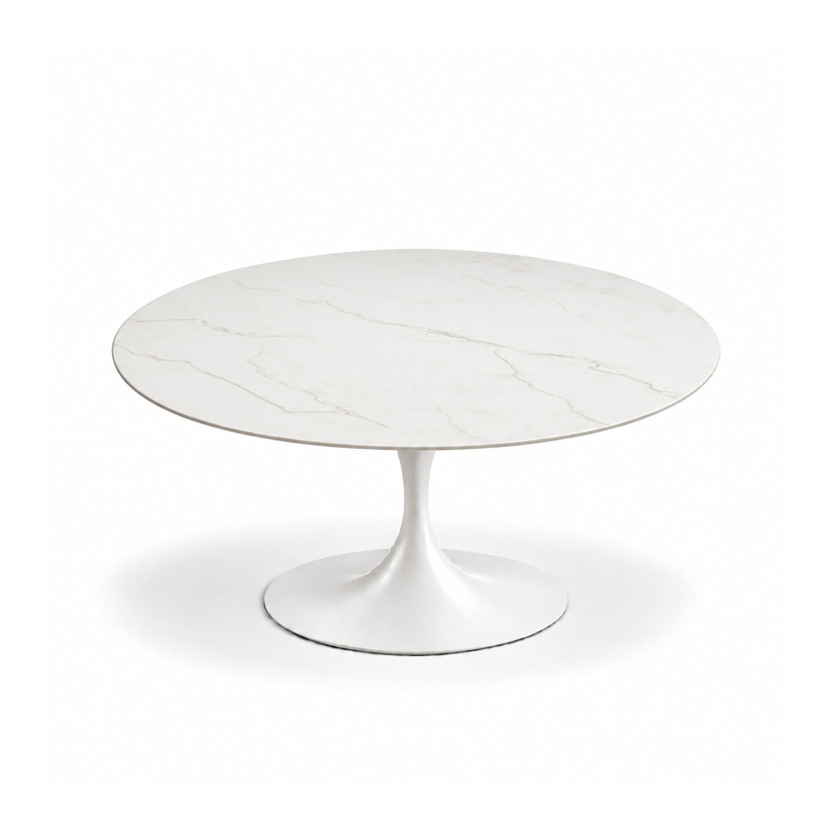 Ivory Vein Tulip coffee table featuring a polished Bianco Venato marble tabletop with delicate soft grey veining, paired with a glossy white tulip pedestal base. A timeless designer coffee table for luxury modern, contemporary, Scandinavian, and mid-century living room interiors.