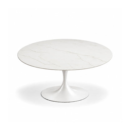 Ivory Vein Tulip coffee table featuring a polished Bianco Venato marble tabletop with delicate soft grey veining, paired with a glossy white tulip pedestal base. A timeless designer coffee table for luxury modern, contemporary, Scandinavian, and mid-century living room interiors.