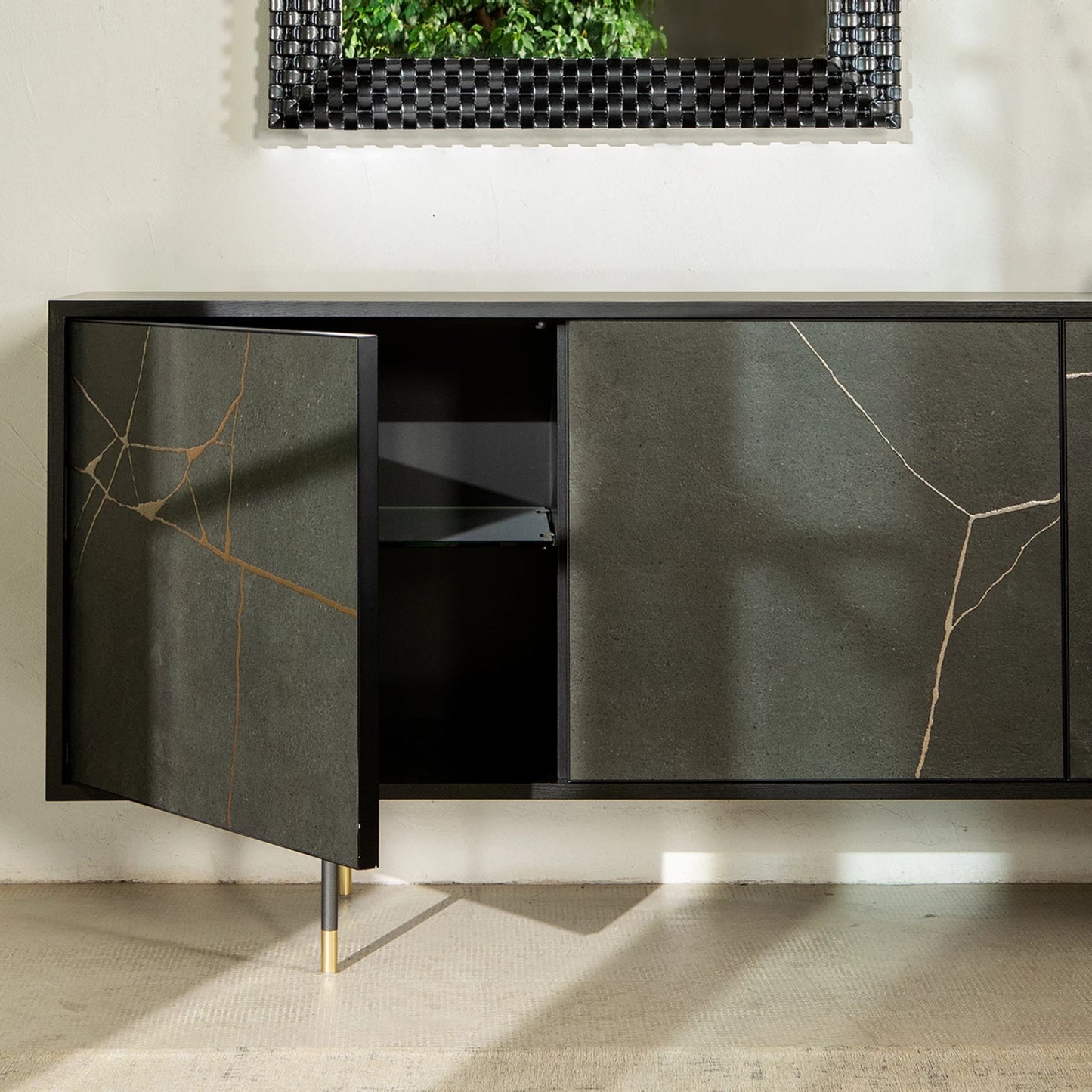 Kintsugi Ceramic Sideboard with Glossy Black Finish and Glass Shelves