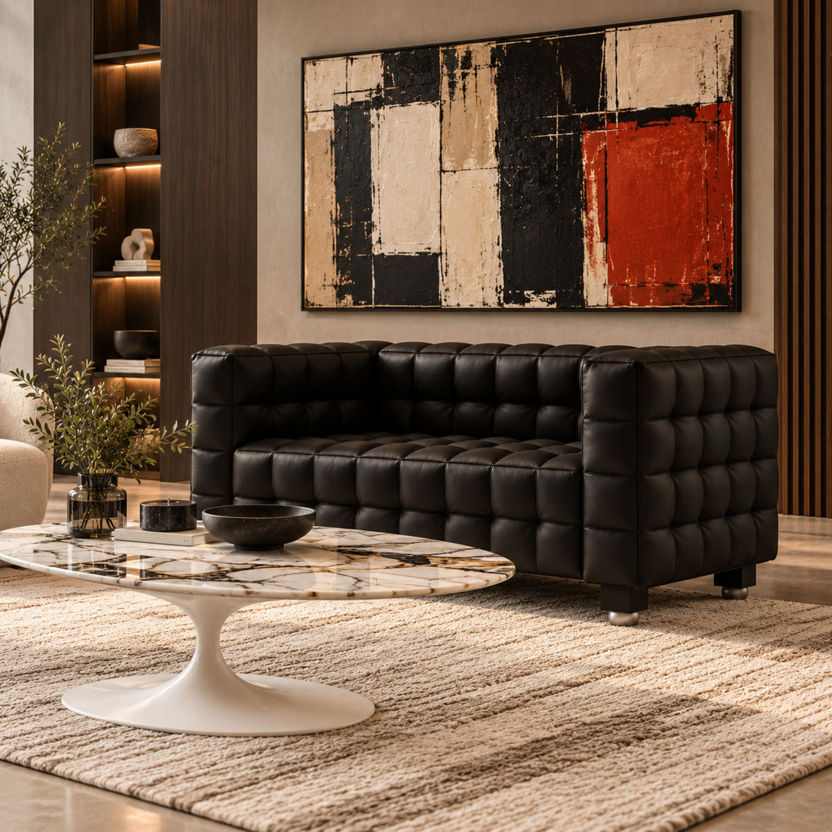 Black Kubus leather sofa with geometric square tufting, modern 3-seater designer sofa inspired by Josef Hoffmann, handcrafted in Italy by CTS Design.