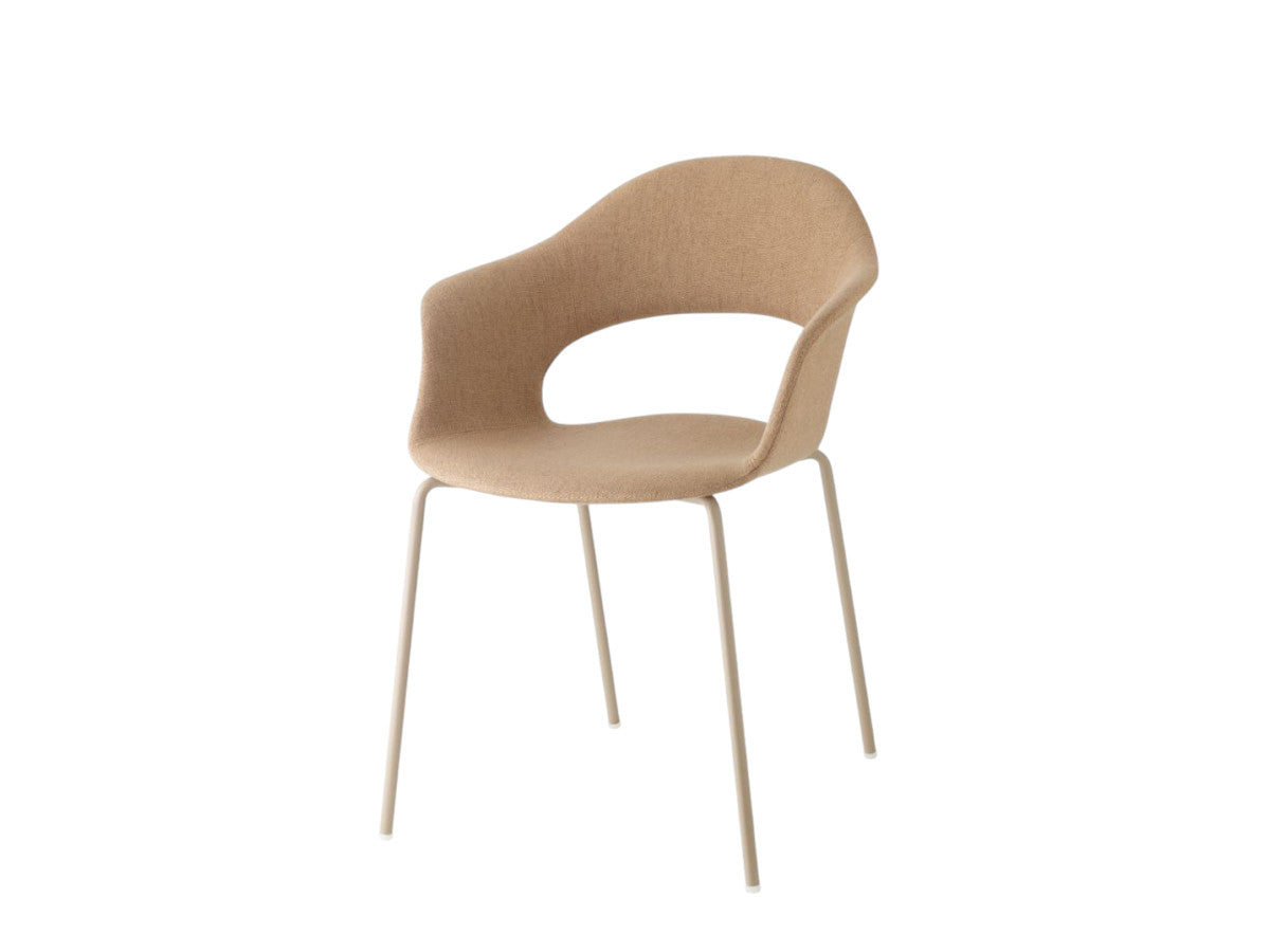 Front angled view of the S•CAB Lady B Pop Chair with Armrests featuring a beige upholstered shell seat and slim metal legs.