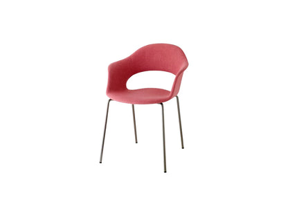 Front angled view of the S•CAB Lady B Pop Chair with Armrests featuring a coral upholstered shell seat and slim metal legs.
