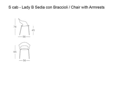 Technical drawing of the S•CAB Lady B Pop Chair with Armrests showing front and side views with overall dimensions, width, depth, and seat height.